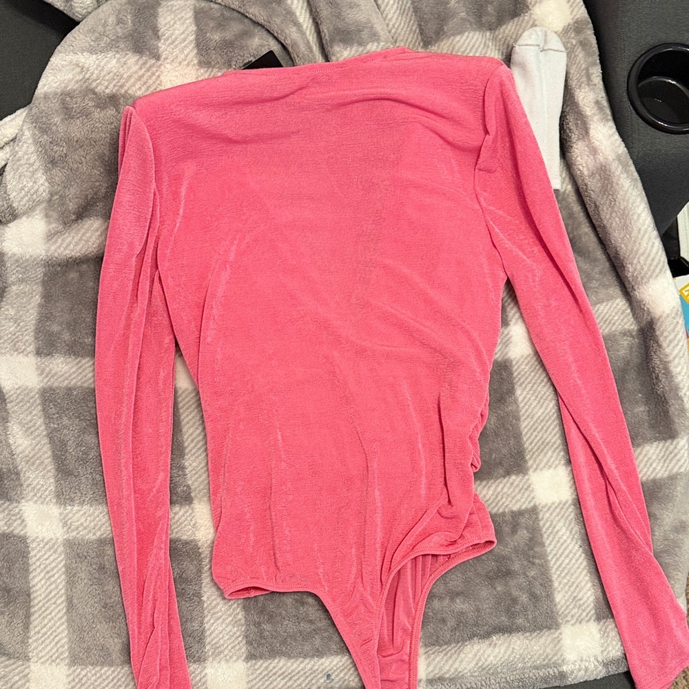 Fashion Nova Hot Pink Ruched Wrap-Front Long Sleeve Bodysuit - Picture 3 of 3